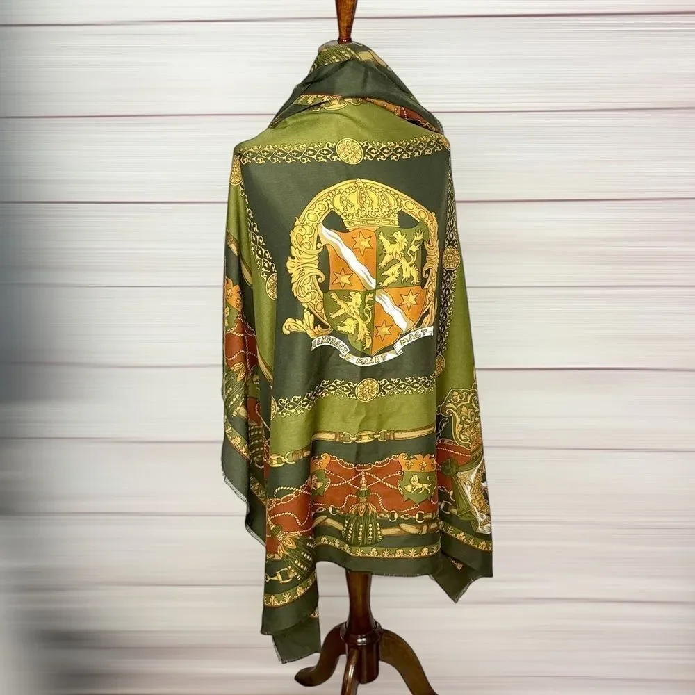 Art of the Scarf Large Square Scarf Shawl Baroque Style Green Terracotta  Italy